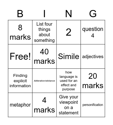 GCSE Language Paper 1 Bingo Card