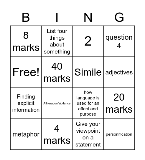 GCSE Language Paper 1 Bingo Card