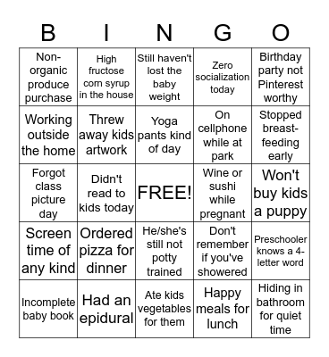 Mommy Guilt Bingo Card