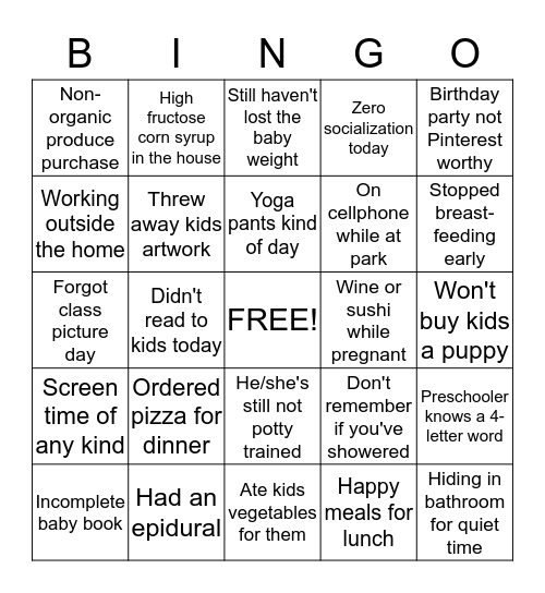 Mommy Guilt Bingo Card