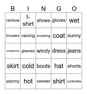 Weather and Clothes Bingo Card
