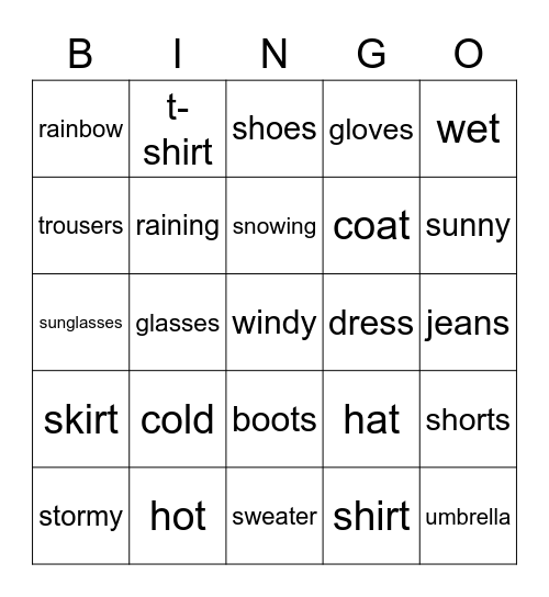 Weather and Clothes Bingo Card
