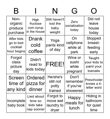 Mommy Guilt Bingo Card