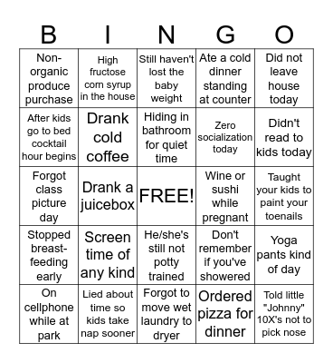 Mommy Guilt Bingo Card