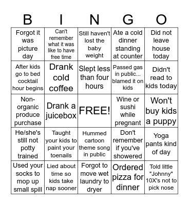 Mommy Guilt Bingo Card