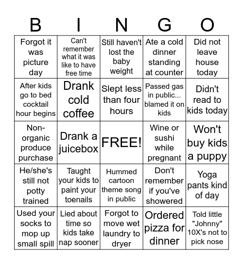 Mommy Guilt Bingo Card