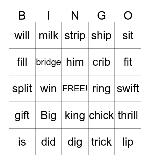Short i  Bingo Card