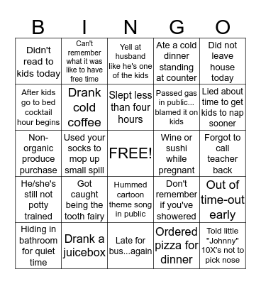 Mommy Guilt Bingo Card