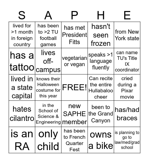 SAPHE BINGO Card