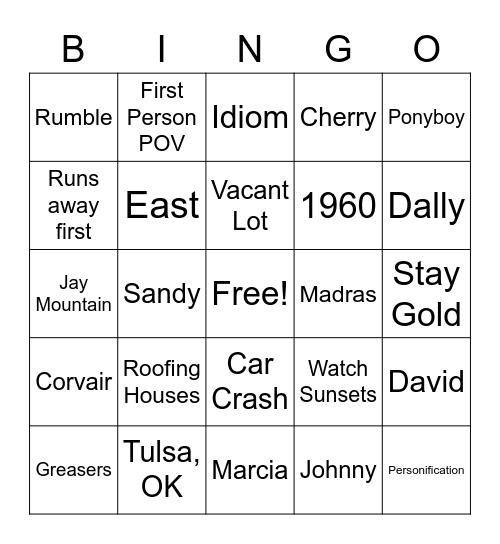 Outsiders BINGO Card