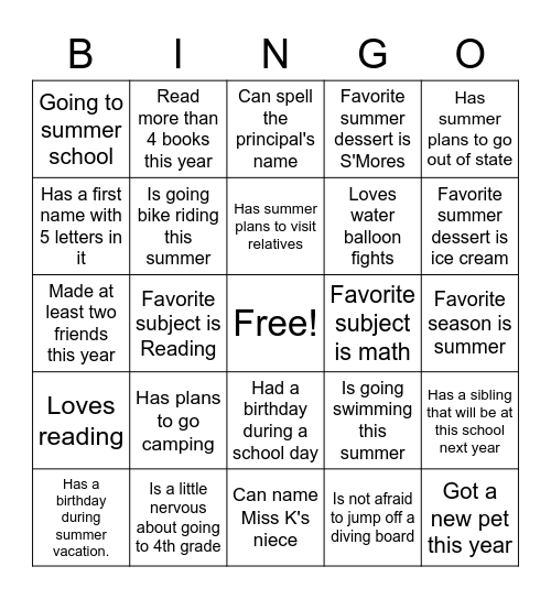 End of School Year Bingo Card