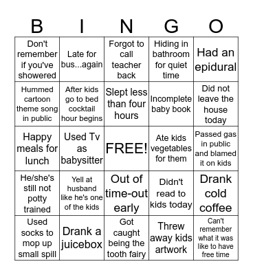 Mommy Guilt Bingo Card