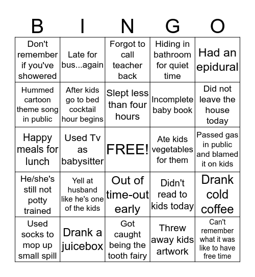 Mommy Guilt Bingo Card