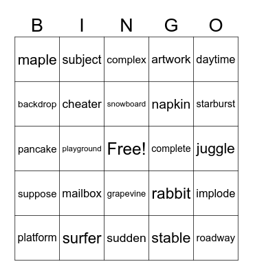 Mixed Syllable Types Bingo Card