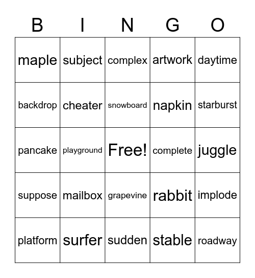Mixed Syllable Types Bingo Card