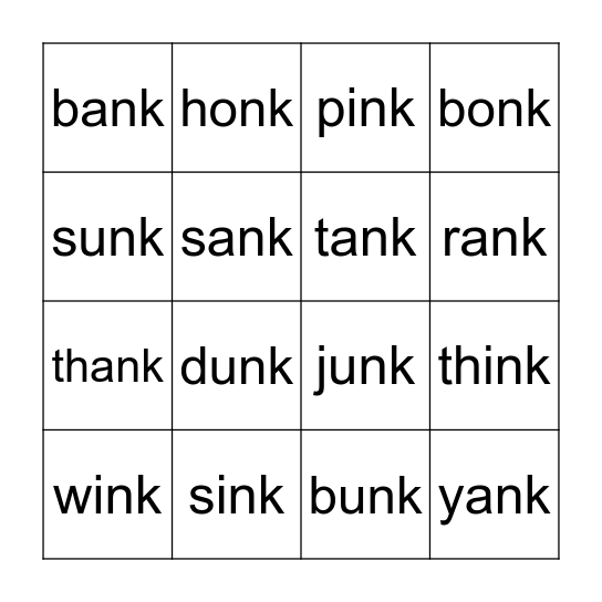 -nk Bingo Card