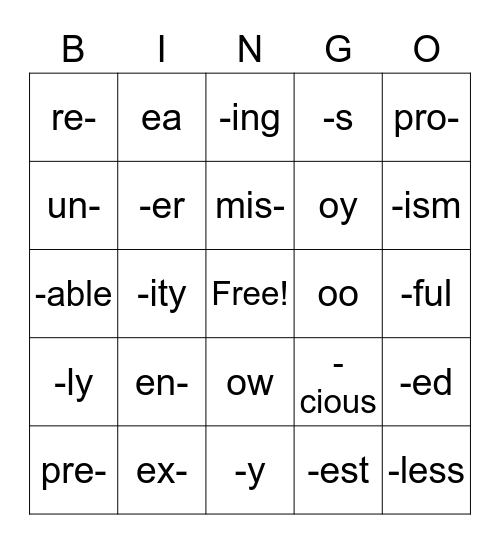 Prefixes, Suffixes & Vowel Sounds Bingo Card