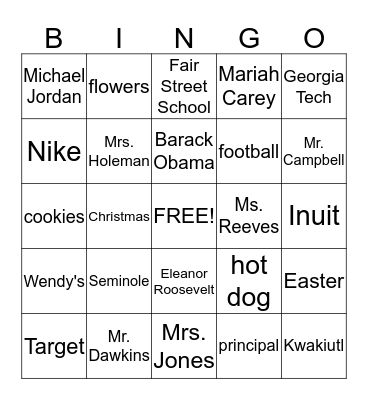 Capitalization Bingo Card