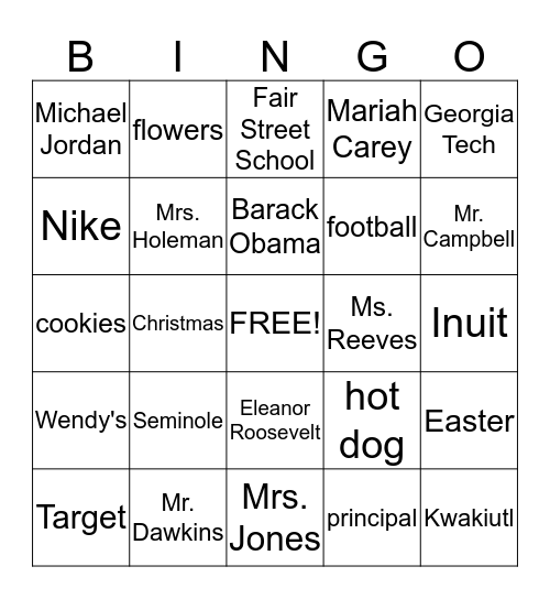 Capitalization Bingo Card