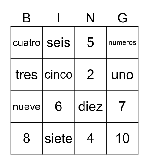 Numeros del cero al diez  Bingo Card