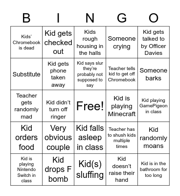 School Bingo (unfinished) Bingo Card