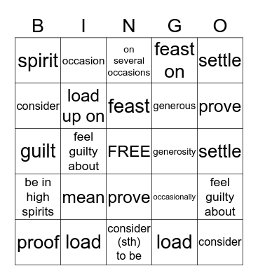 Vocabulary Bingo Card