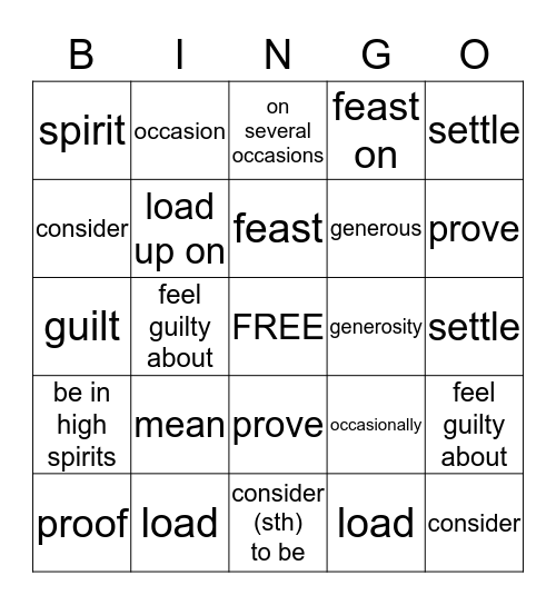 Vocabulary Bingo Card