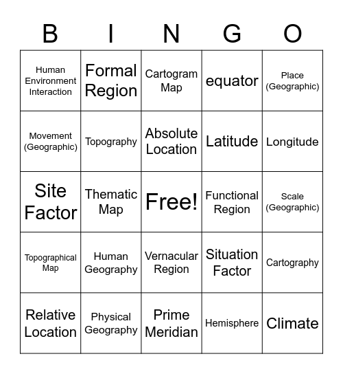 Unit 1 Intro to Geography Bingo Card
