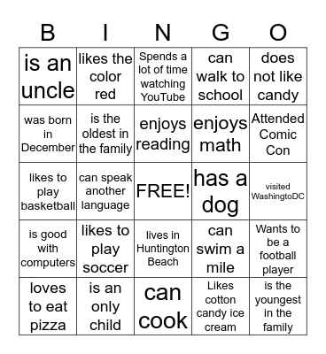 All About Us Bingo Card