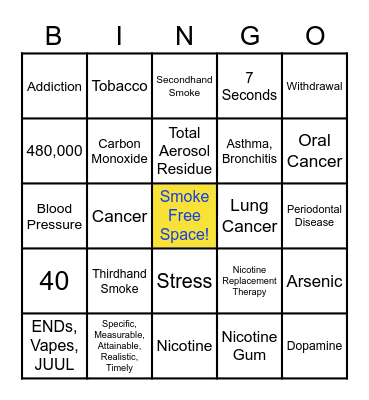 Tobacco Cessation Bingo Card