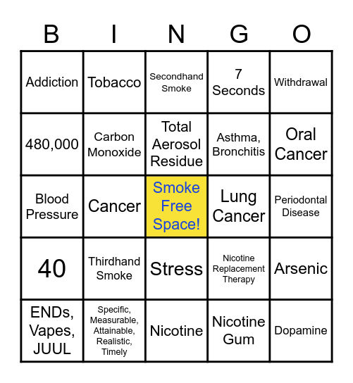 Tobacco Cessation Bingo Card
