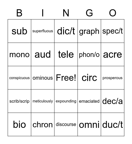 LA Vocabulary Bingo Card