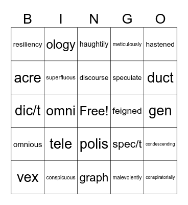 LA Vocabulary Bingo Card