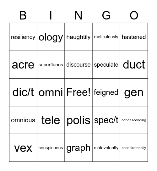 LA Vocabulary Bingo Card