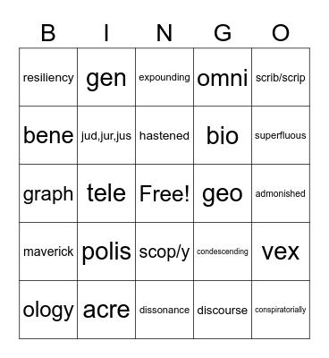 LA Vocabulary Bingo Card