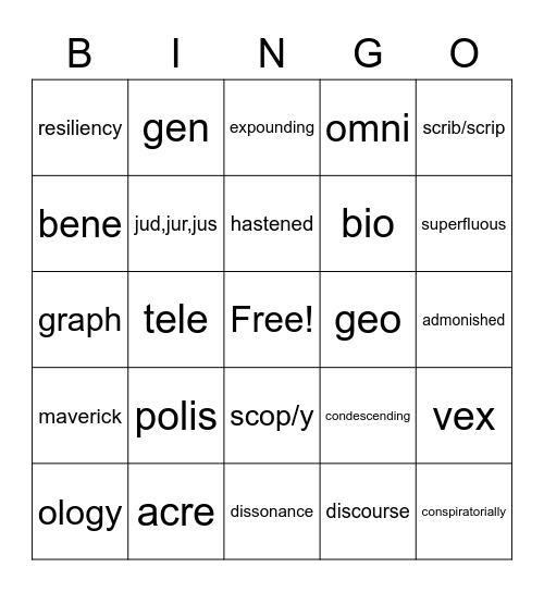 LA Vocabulary Bingo Card