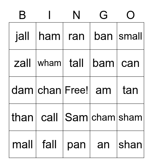all, am, an glued sounds Bingo Card