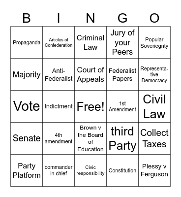 Civics Review Bingo Card