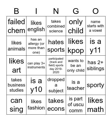 Bingo of People Bingo Card