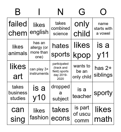 Bingo of People Bingo Card