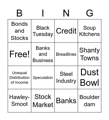 Great Depression Bingo Card