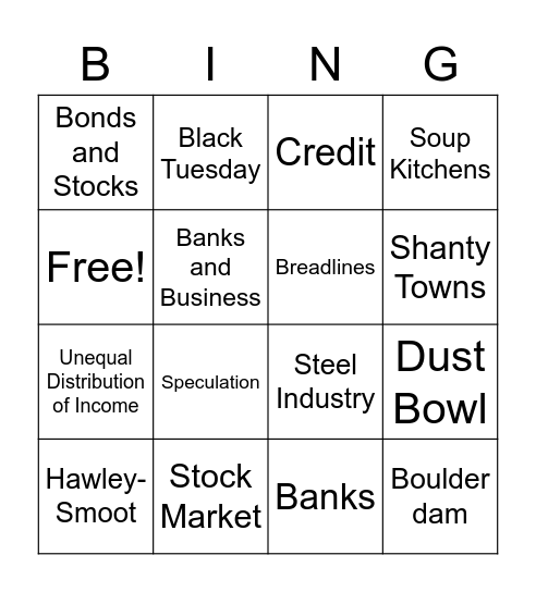 Great Depression Bingo Card