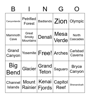 National Parks Bingo Card