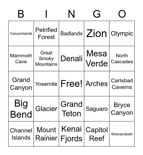 National Parks Bingo Card