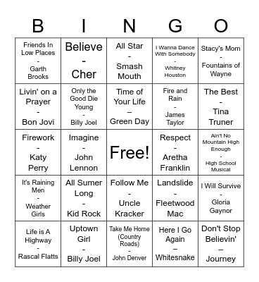 Karaoke Song Mix Bingo Card