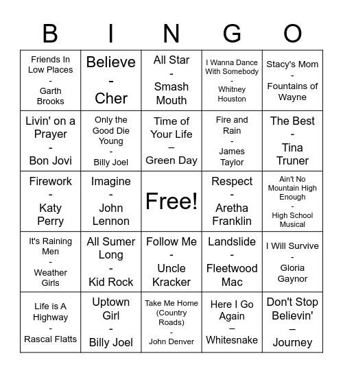 Karaoke Song Mix Bingo Card