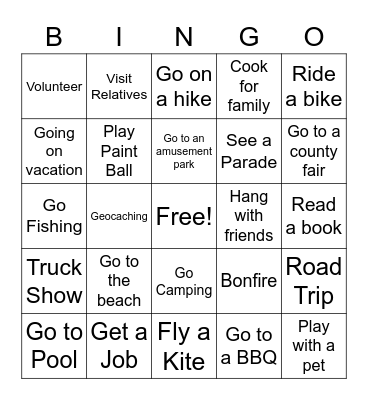 Summer Break Bingo Card