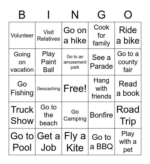 Summer Break Bingo Card