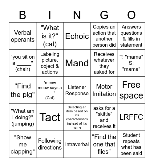 Verbal Operants Bingo Card