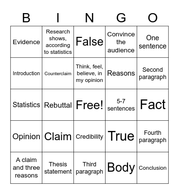 Argumentative Writing Bingo Card